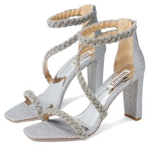 Badgley Mischka NIB Silver Fenix Crystal Embellished Braided Strap Heel Sandals